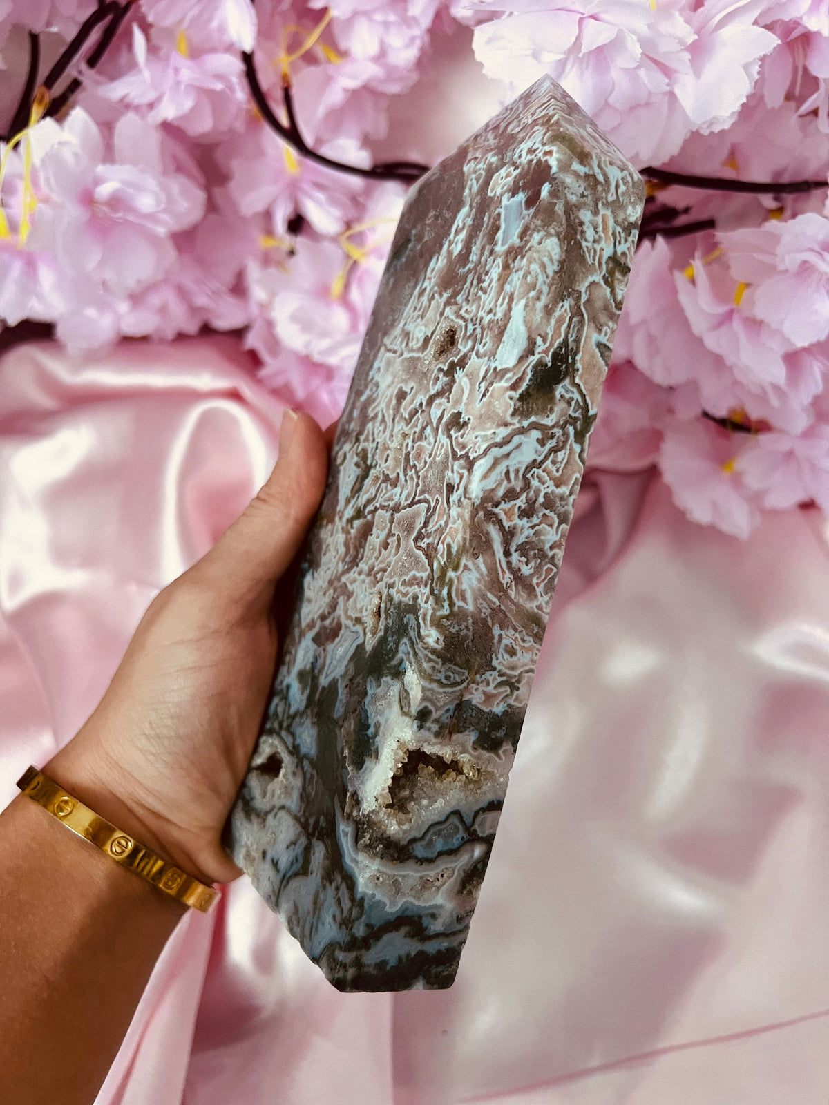 Rare XL Pink Moss Agate tower