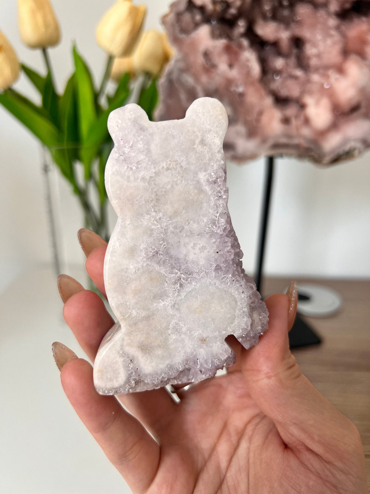 Pink Amethyst Bear Crystal Carving - Sparkly Druzy Geode