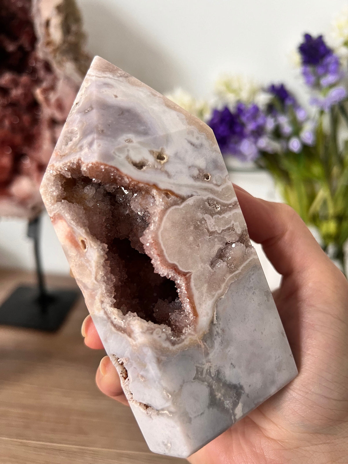 Pink Amethyst Ocean Jasper Tower, Drusy Pocket Crystal