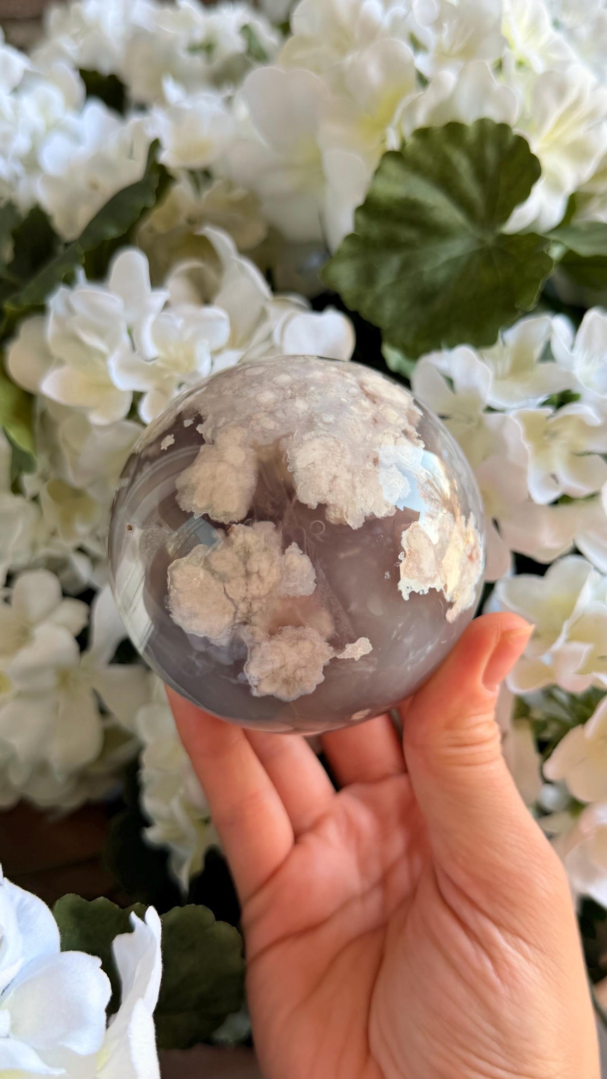 Flower Agate Sphere Crystal, Flowery Planet Drusy Pocket 79mm