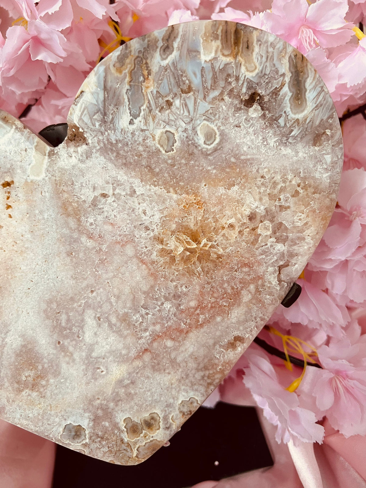 XXL Pink Amethyst heart on a black metal stand