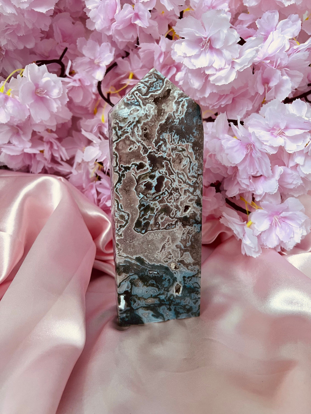 Rare XL Pink Moss Agate tower