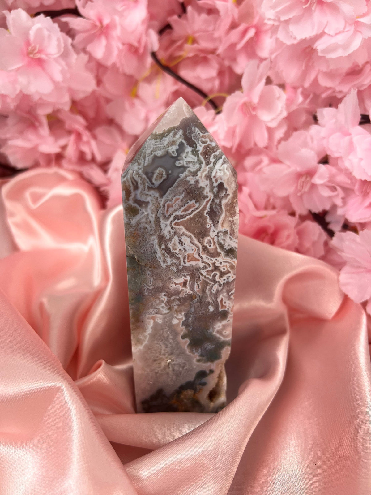 Chunky Pink Moss Agate tower