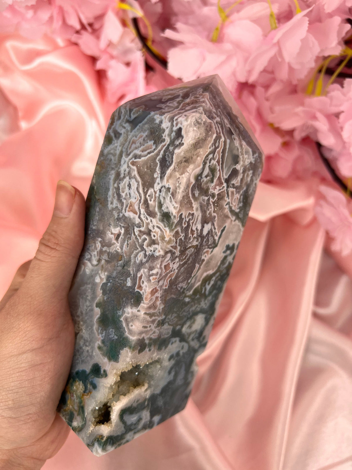 Chunky Pink Moss Agate tower