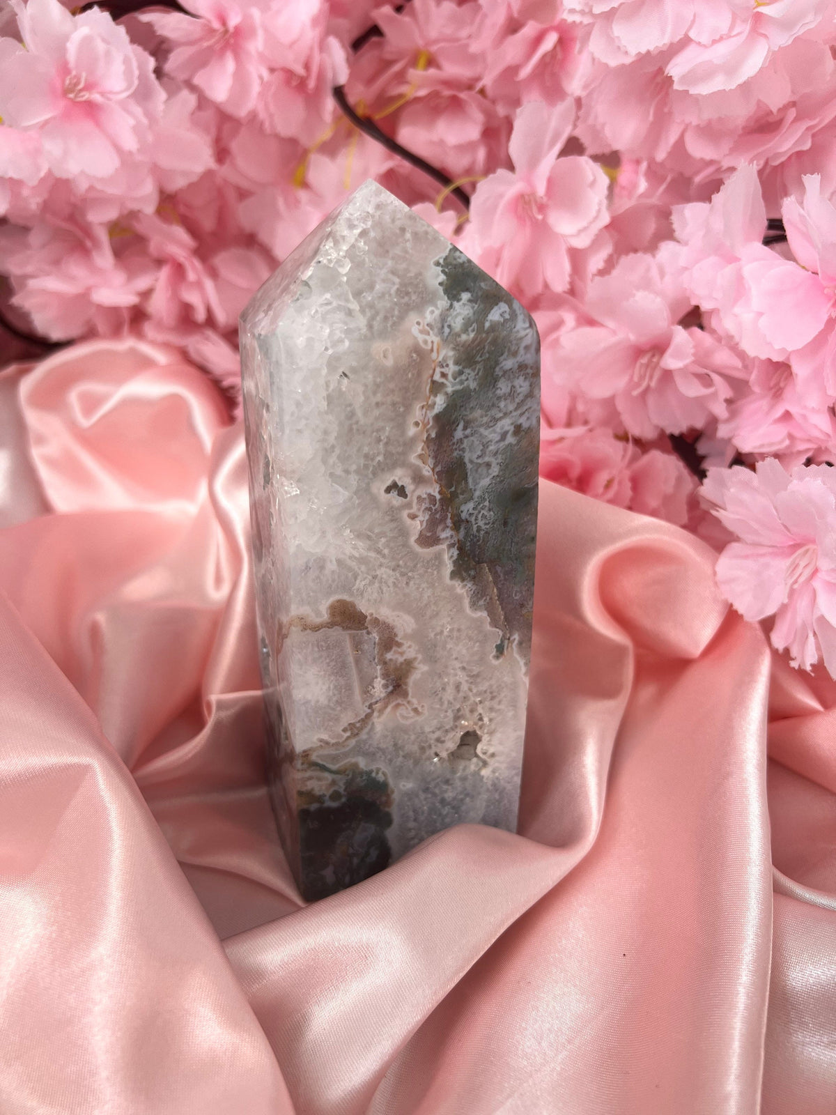 Chunky Pink Moss Agate tower