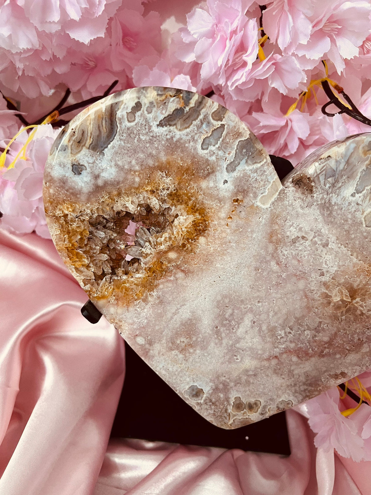 XXL Pink Amethyst heart on a black metal stand