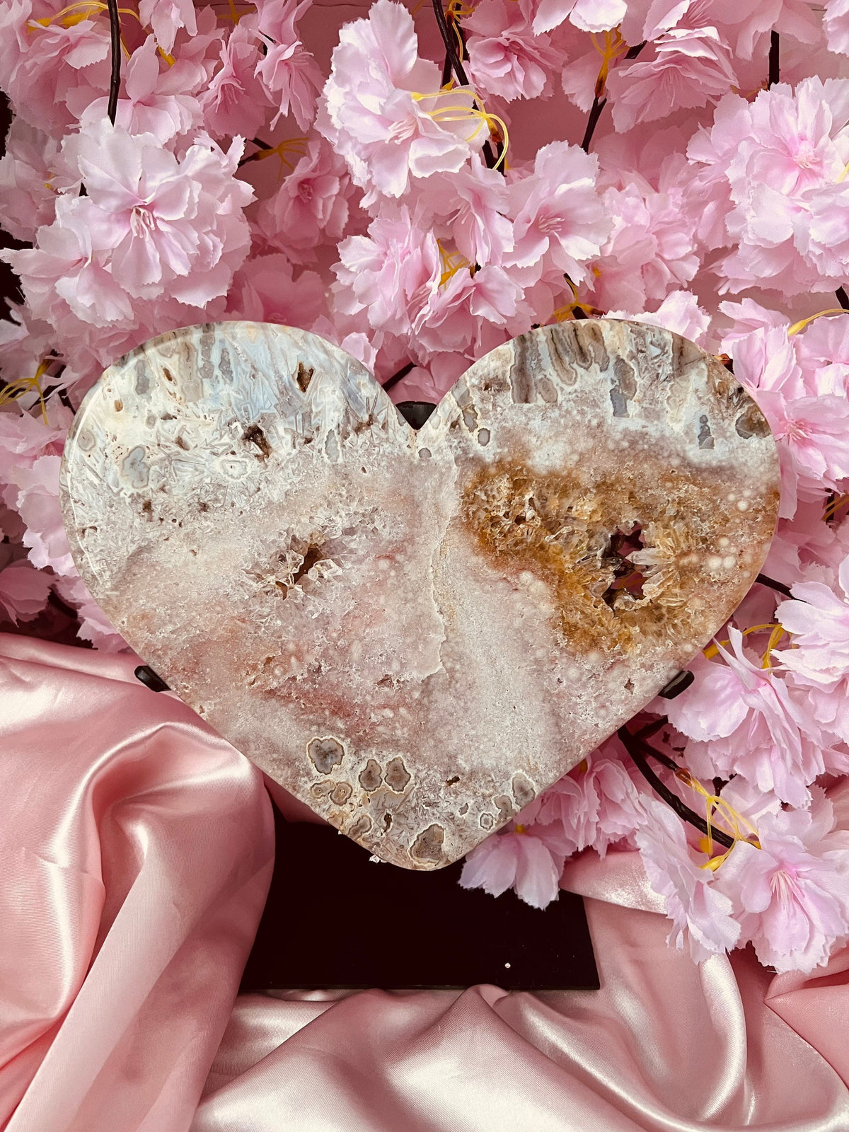 XXL Pink Amethyst heart on a black metal stand