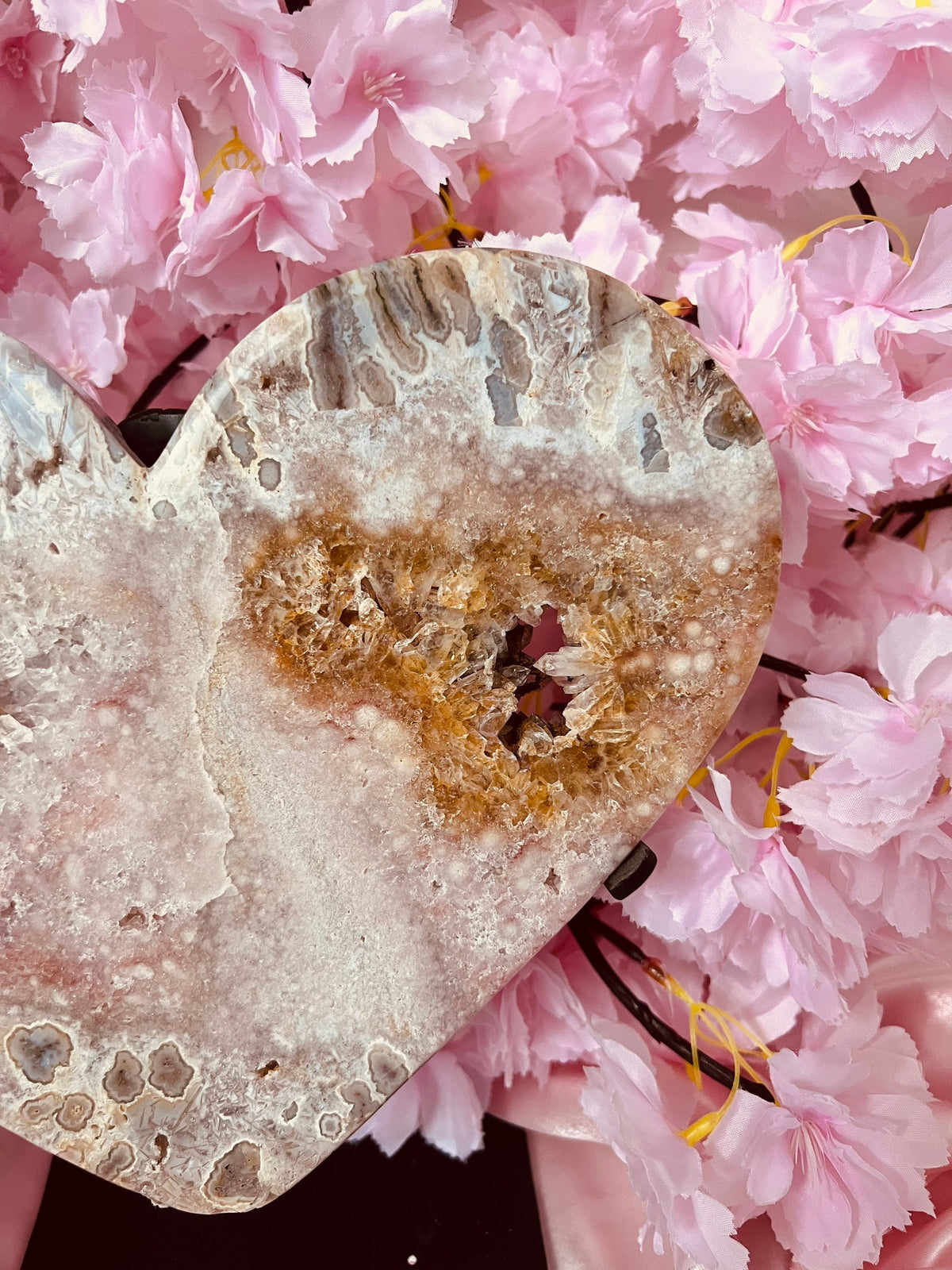 XXL Pink Amethyst heart on a black metal stand