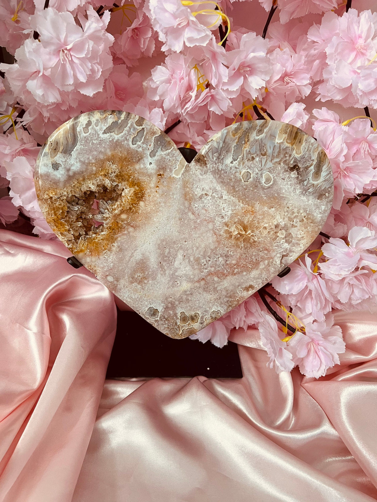 XXL Pink Amethyst heart on a black metal stand