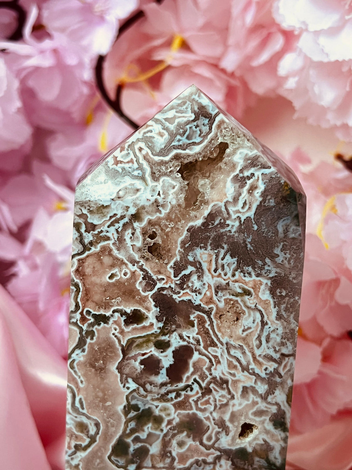 Rare XL Pink Moss Agate tower