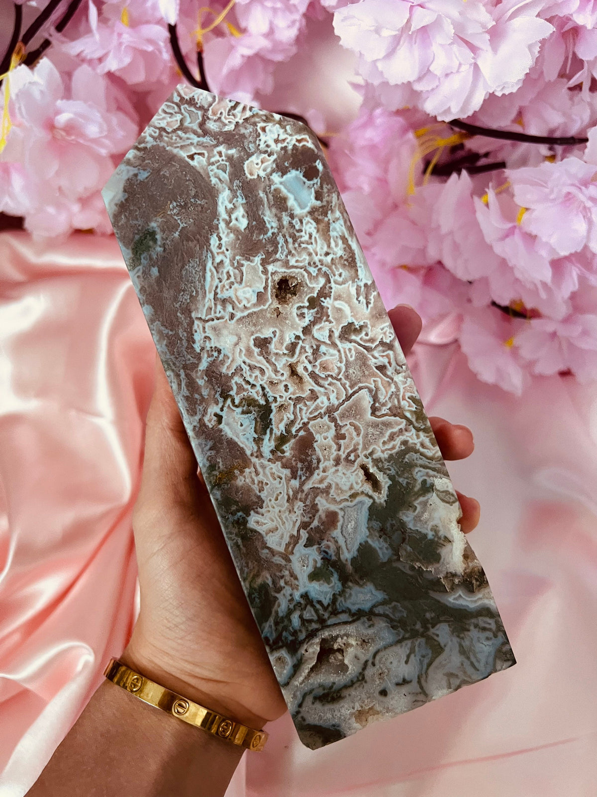 Rare XL Pink Moss Agate tower