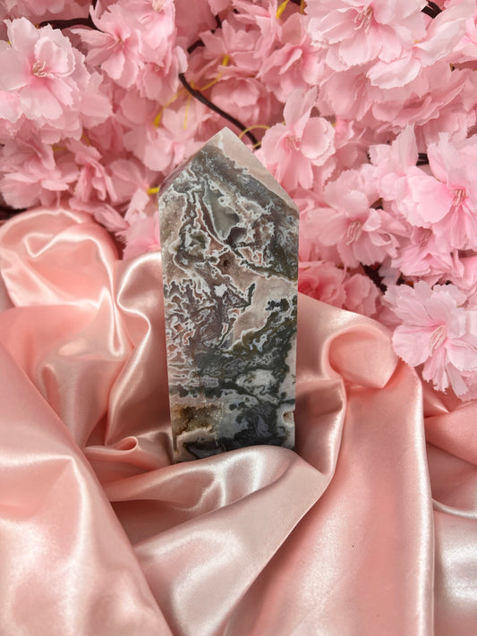 Chunky Pink Moss Agate tower