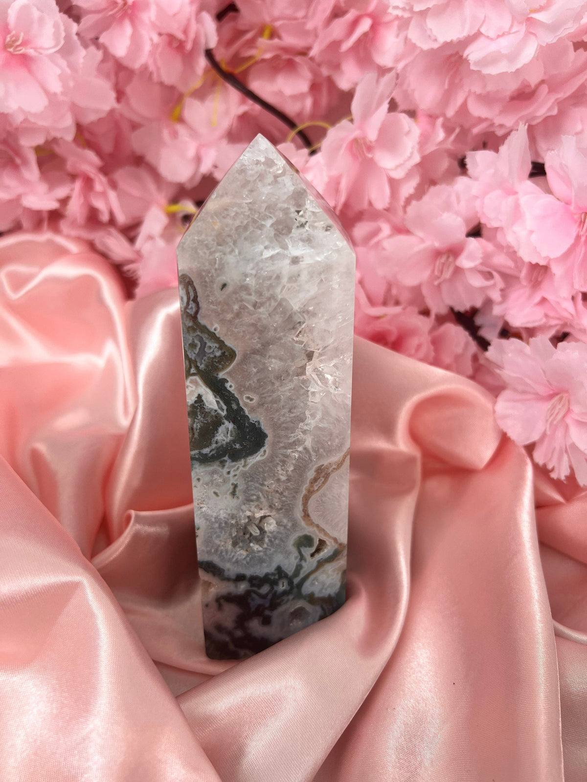 Chunky Pink Moss Agate tower