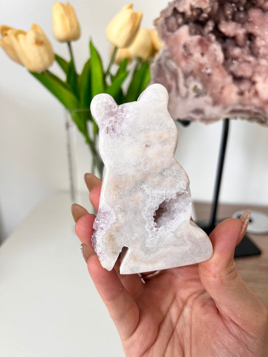 Pink Amethyst Bear Crystal Carving - Sparkly Druzy Geode
