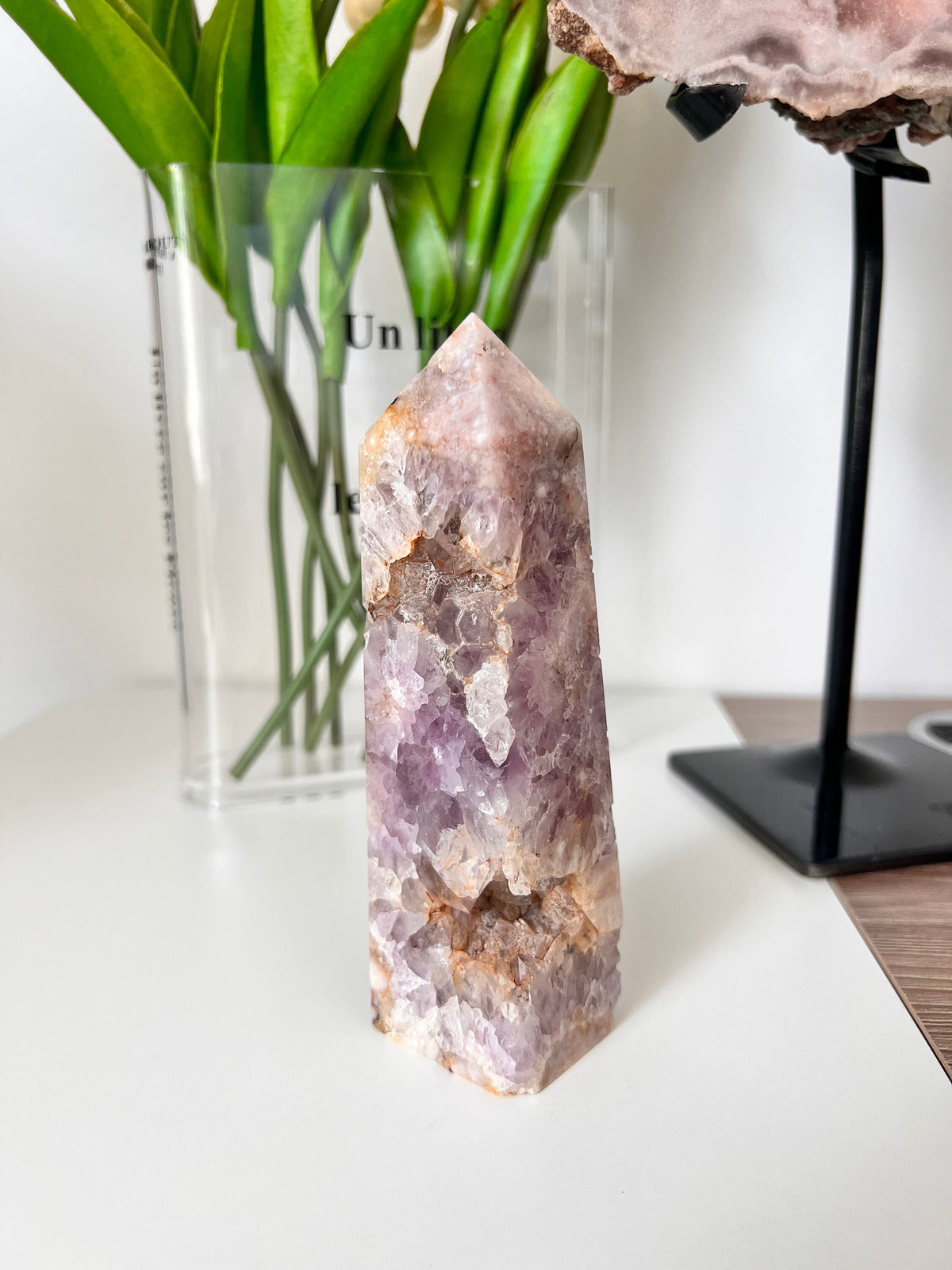 Pink Amethyst Crystal Tower with Flower Agate (410g)