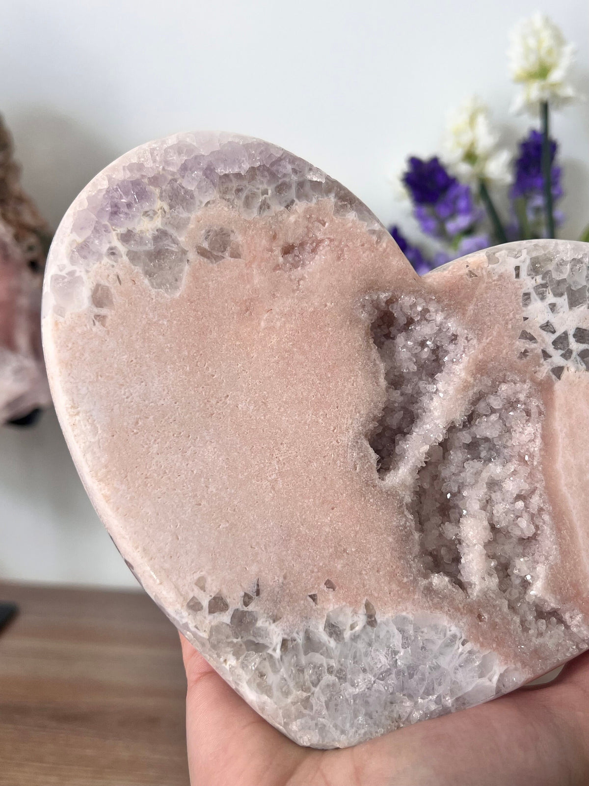 Large Pink Amethyst Heart Crystal with Quartz Drusy