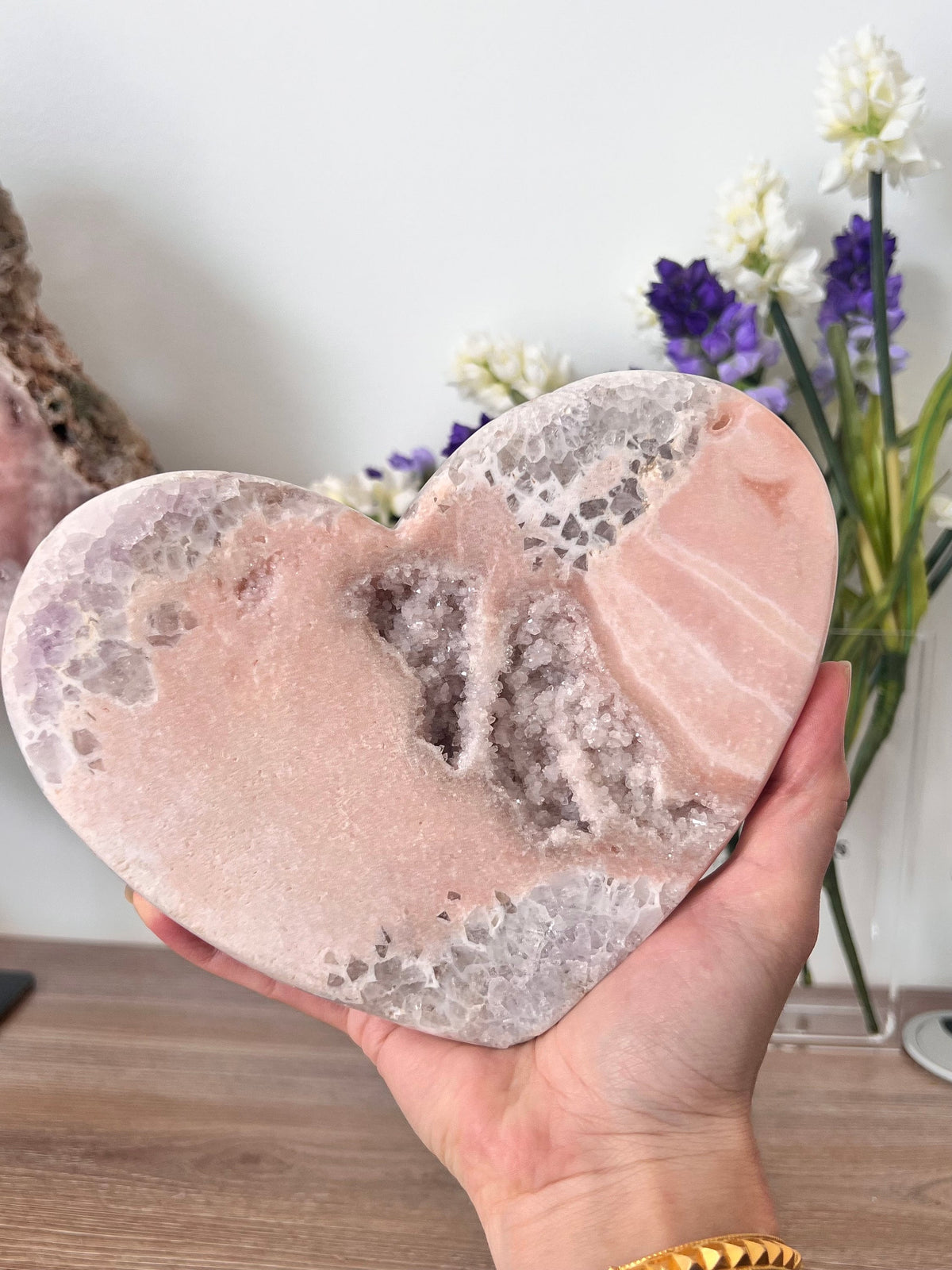 Large Pink Amethyst Heart Crystal with Quartz Drusy