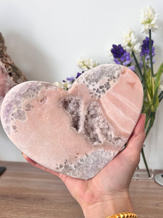 Large Pink Amethyst Heart Crystal with Quartz Drusy