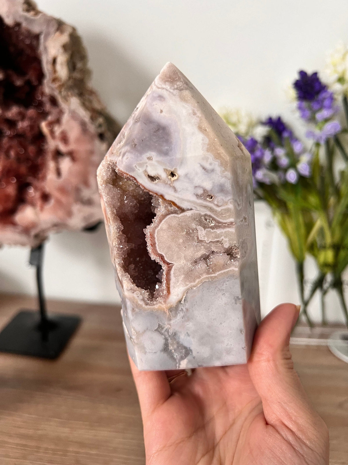 Pink Amethyst Ocean Jasper Tower, Drusy Pocket Crystal