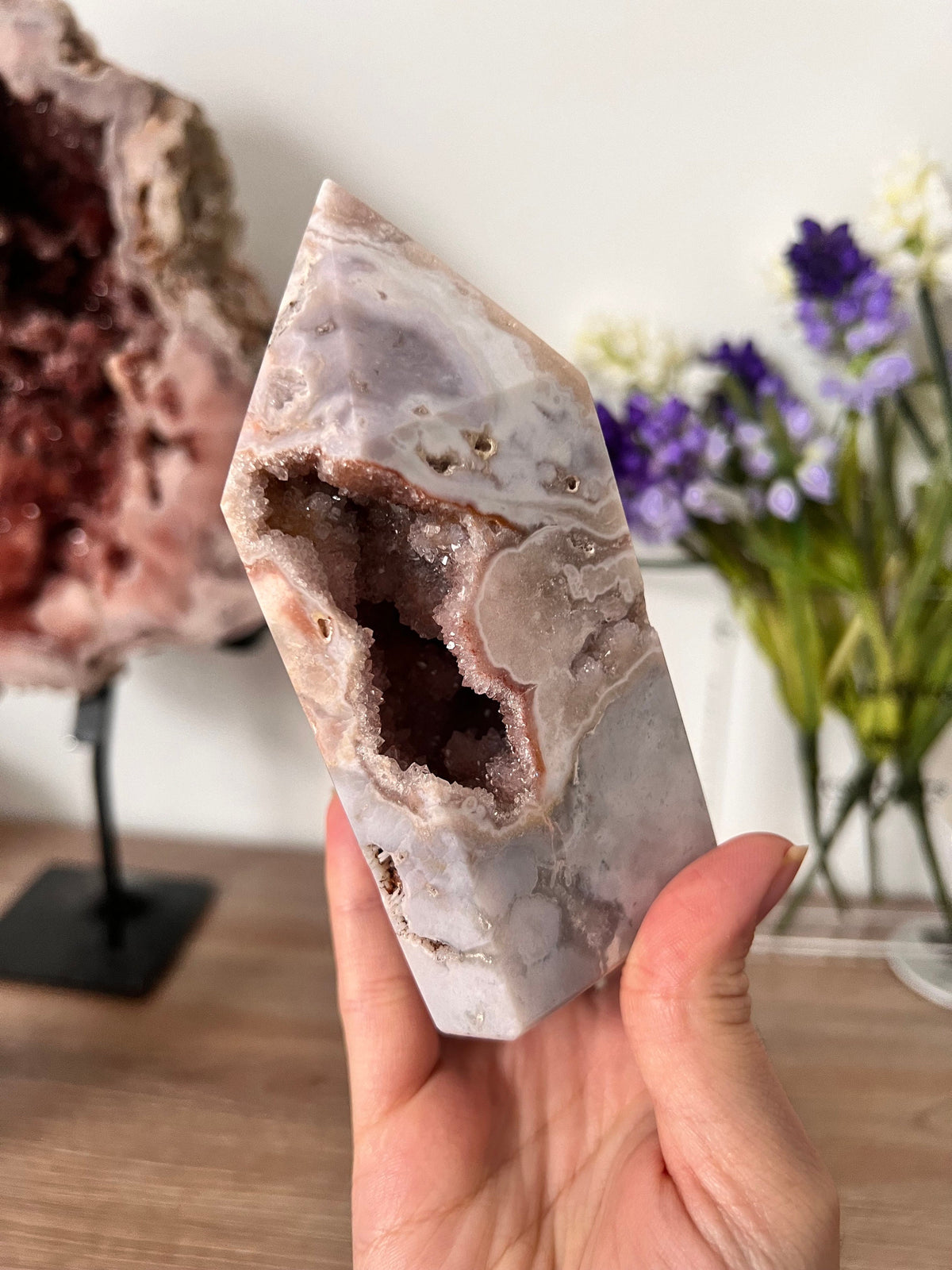 Pink Amethyst Ocean Jasper Tower, Drusy Pocket Crystal