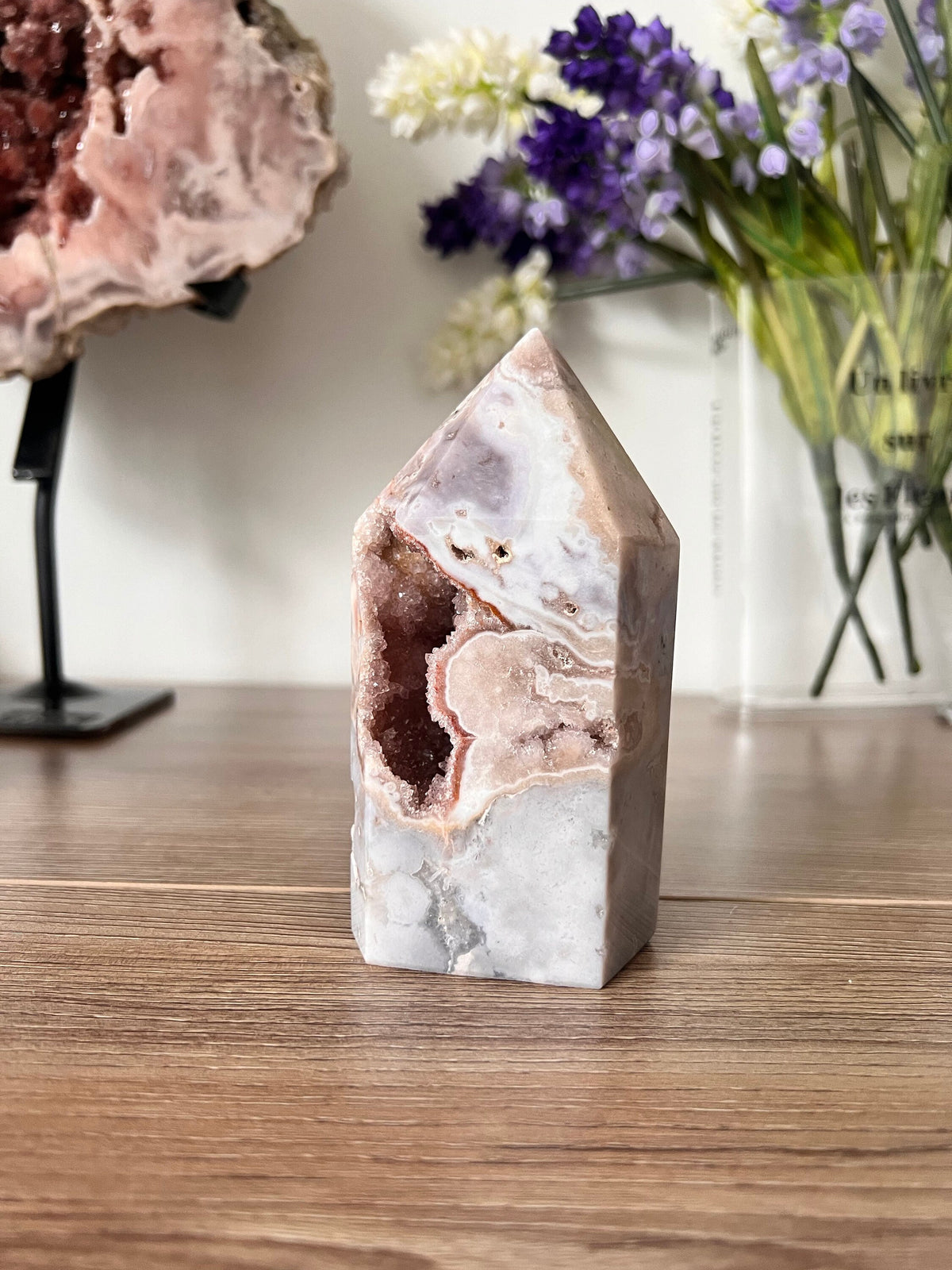 Pink Amethyst Ocean Jasper Tower, Drusy Pocket Crystal