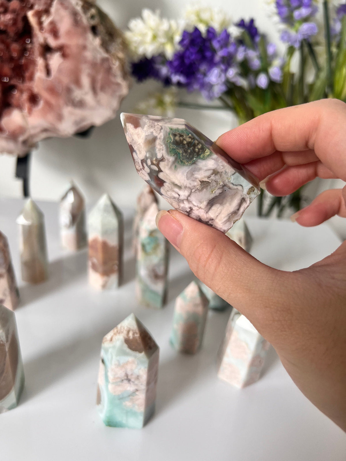 Green Flower Agate Crystal Point/ Flower Agate Points / Mini Crystal Points / Crystal Tower
