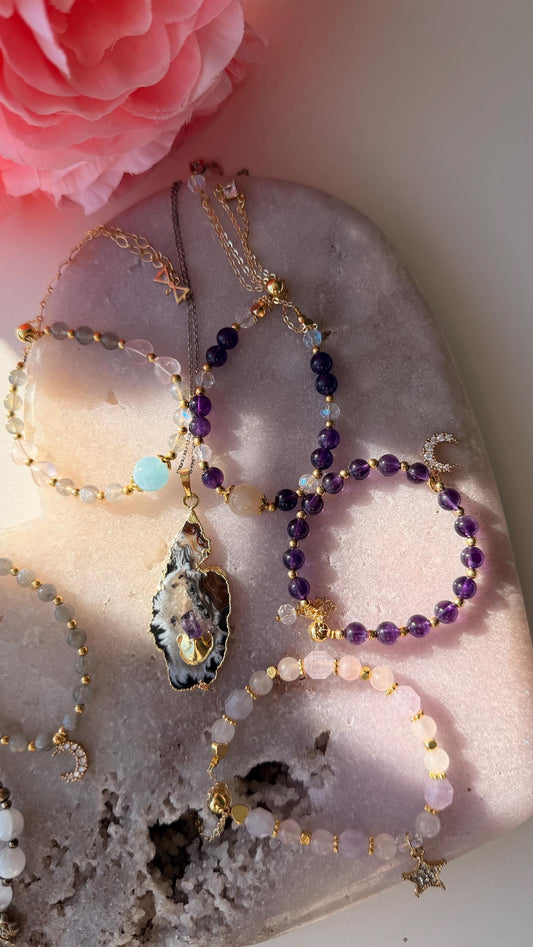 Crystal Bracelets- Amethyst, Rose Quartz, Moonstone Gemstone Bracelets with Charms