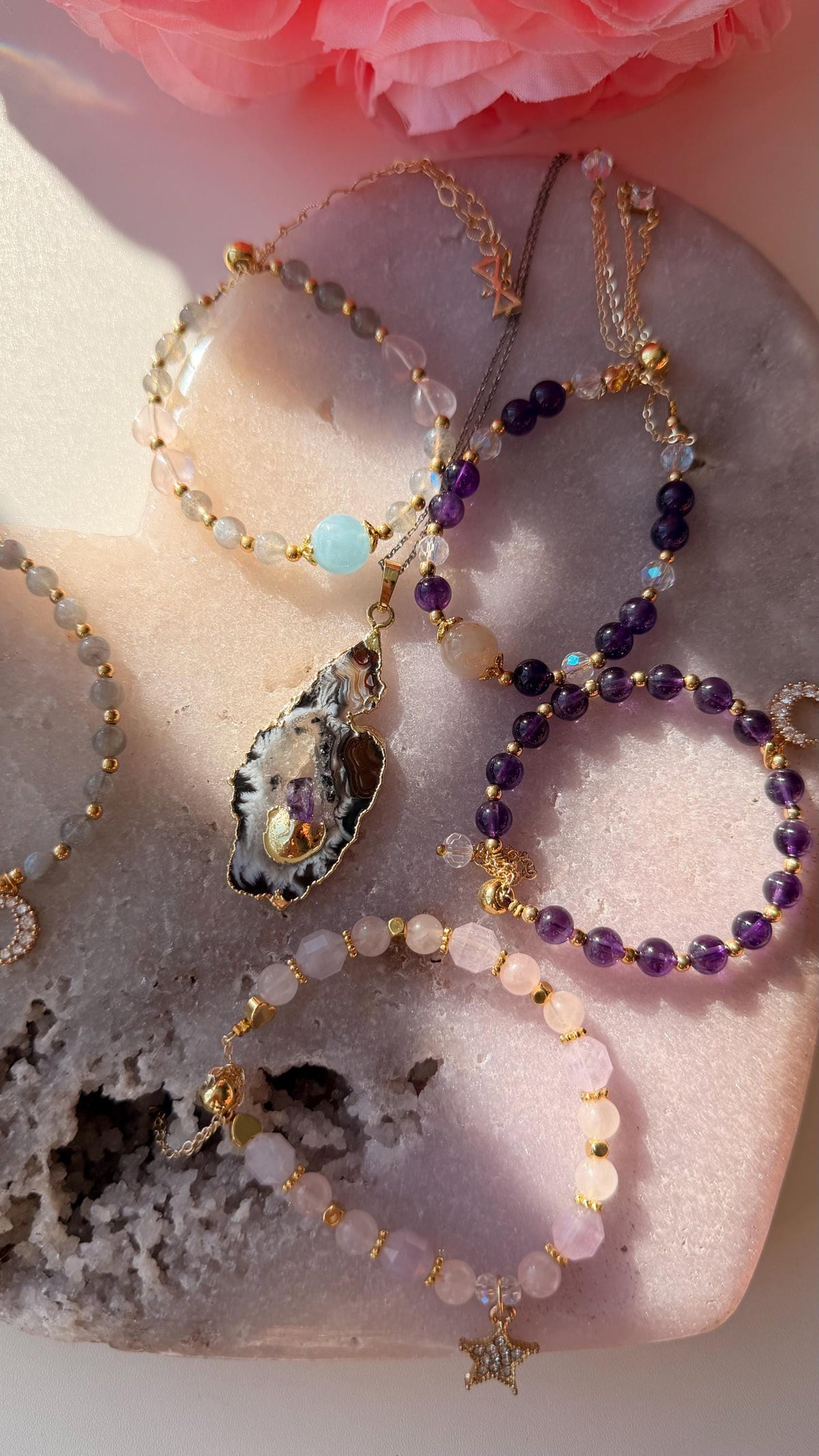 Crystal Bracelets- Amethyst, Rose Quartz, Moonstone Gemstone Bracelets with Charms
