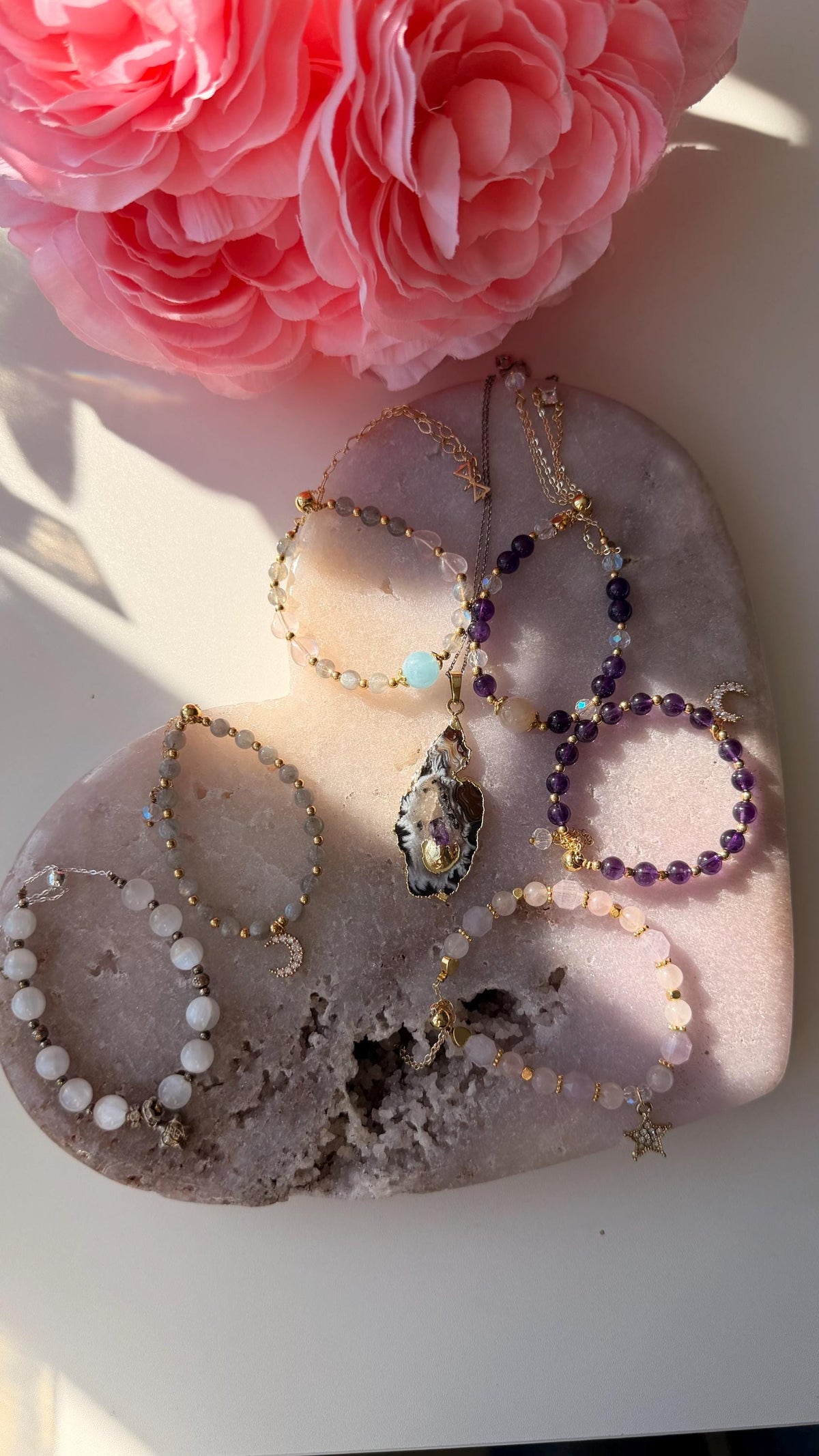 Crystal Bracelets- Amethyst, Rose Quartz, Moonstone Gemstone Bracelets with Charms