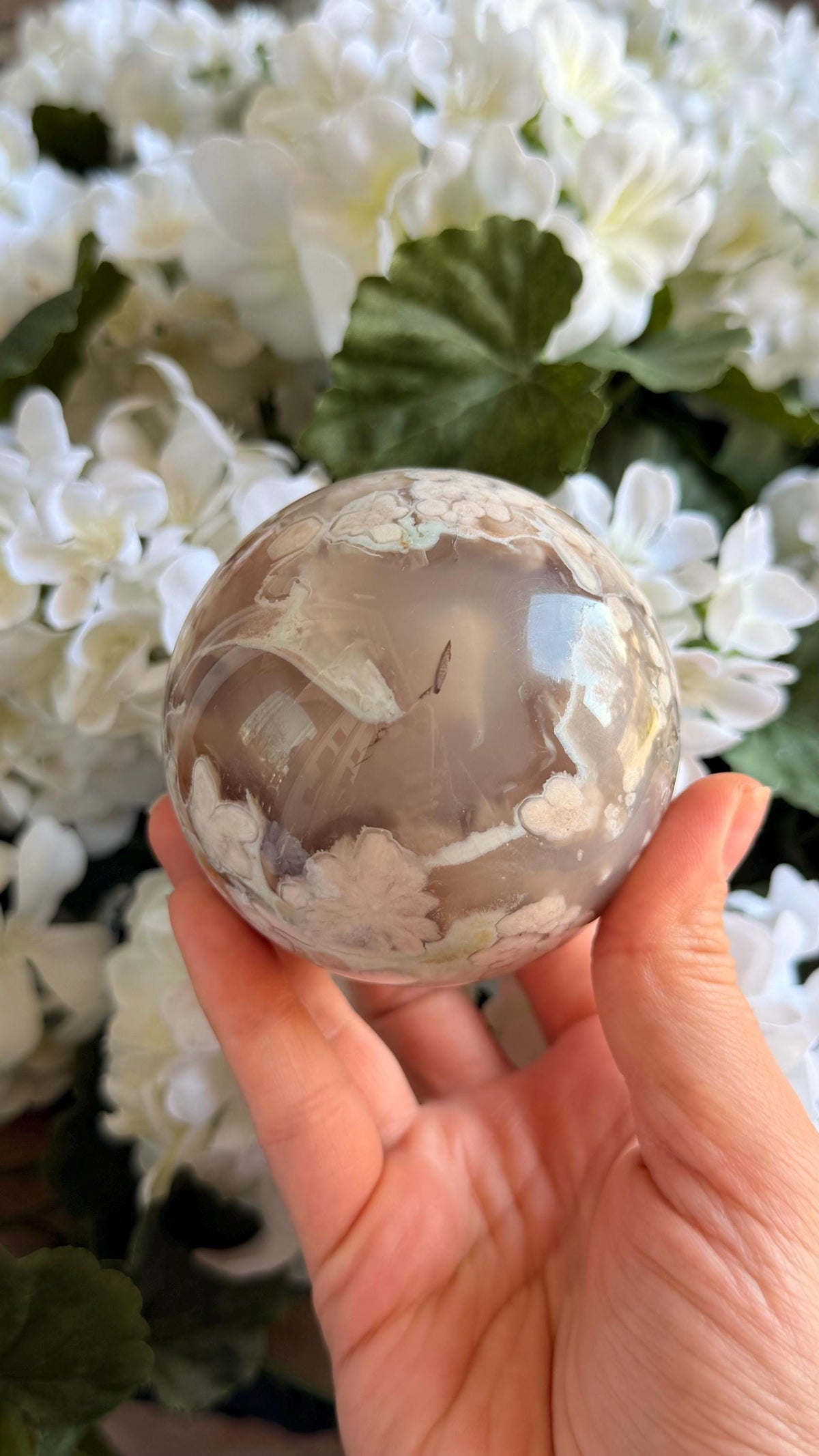 Flower Agate Sphere, Green Hues, Natural Crystal, 75mm Size