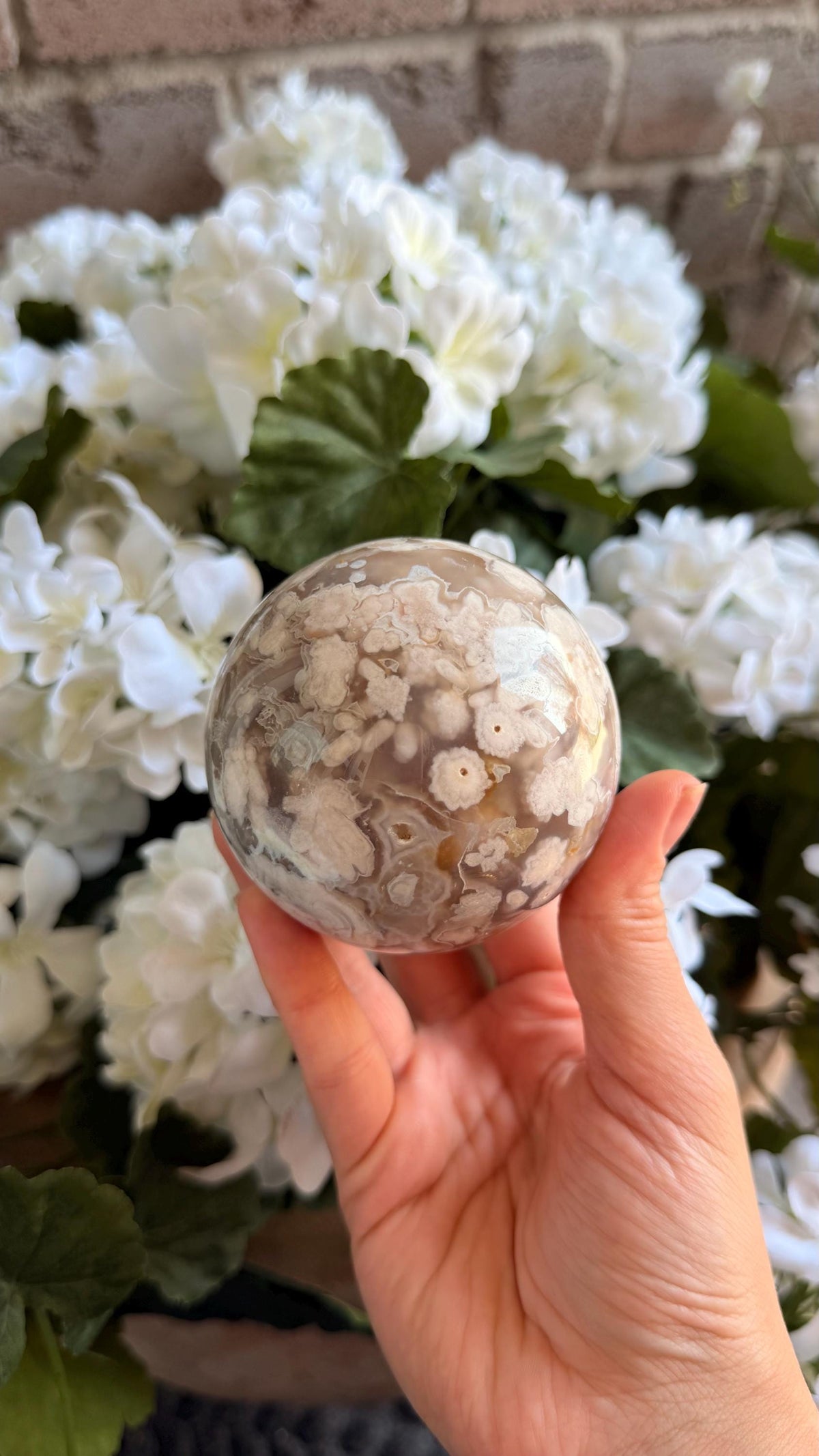 Flower Agate Sphere, Green Hues, Natural Crystal, 75mm Size