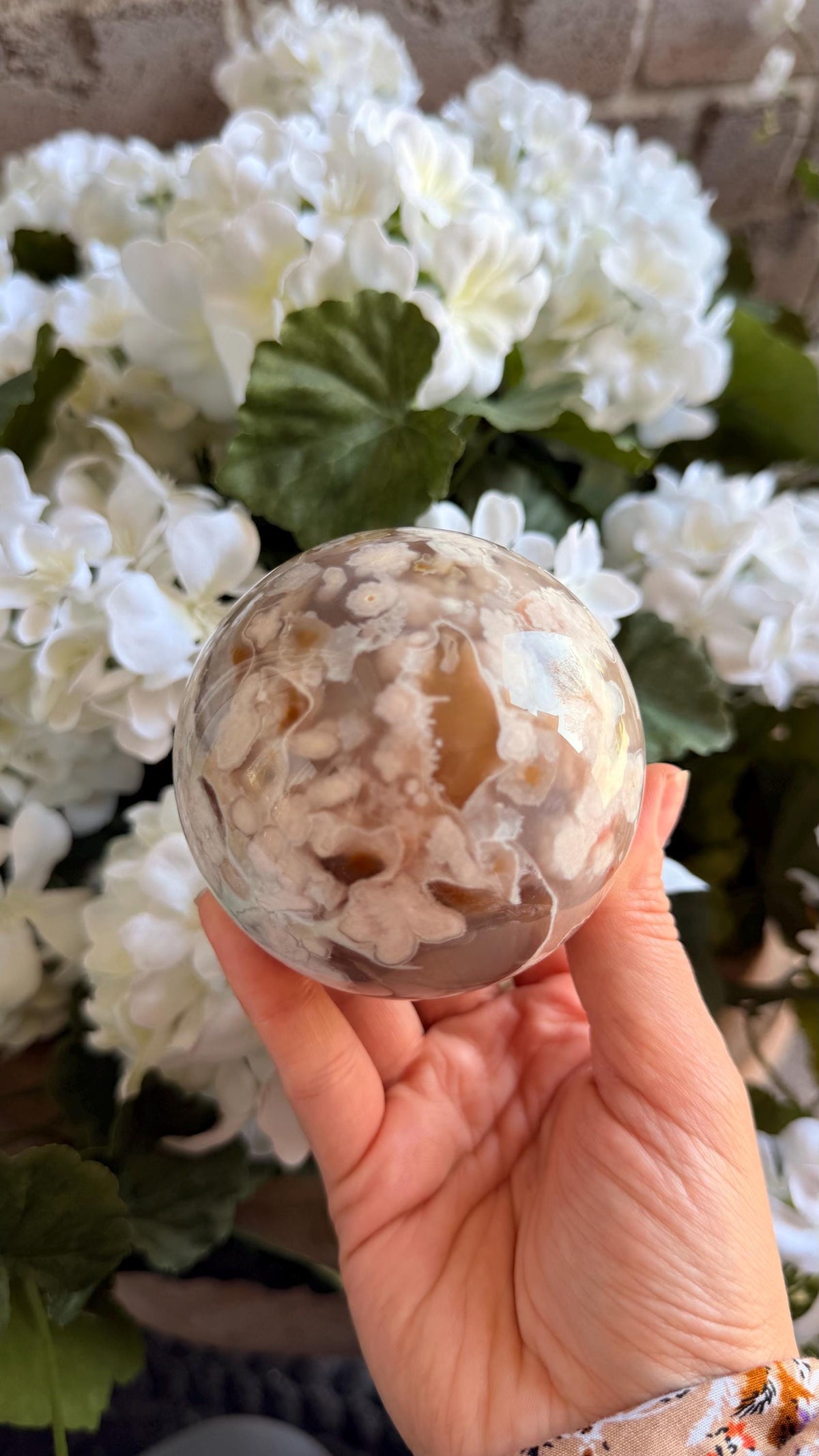 Flower Agate Sphere, Green Hues, Natural Crystal, 75mm Size