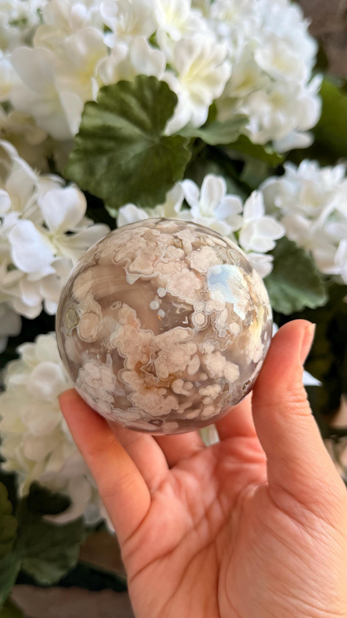 Flower Agate Sphere, Green Hues, Natural Crystal, 75mm Size