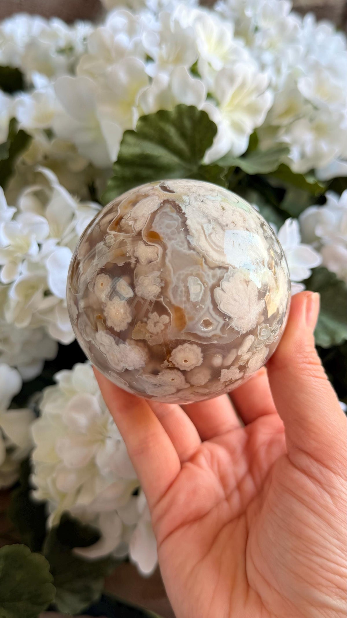 Flower Agate Sphere, Green Hues, Natural Crystal, 75mm Size