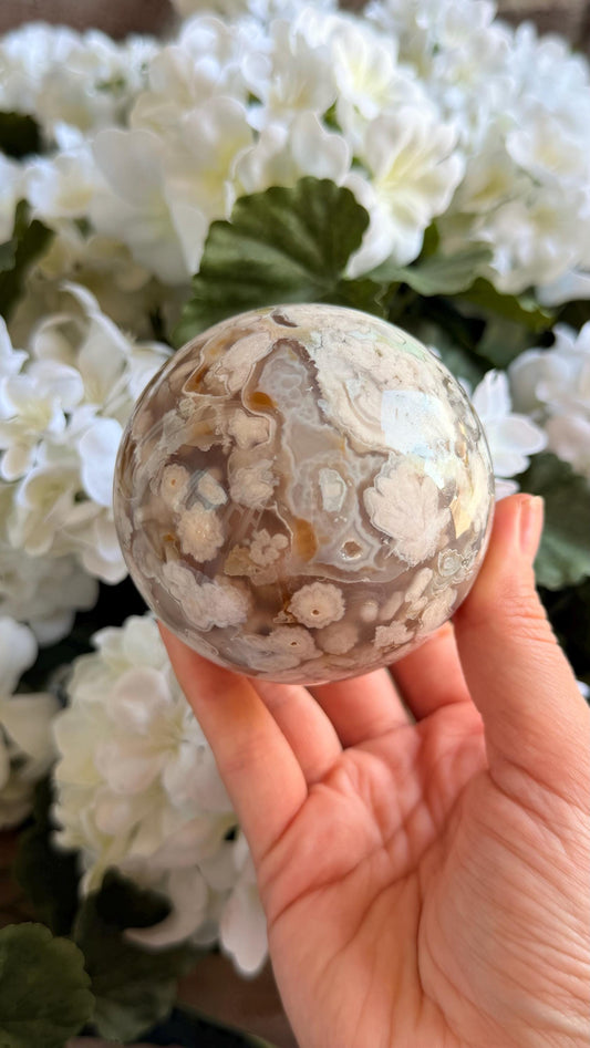 Flower Agate Sphere, Green Hues, Natural Crystal, 75mm Size