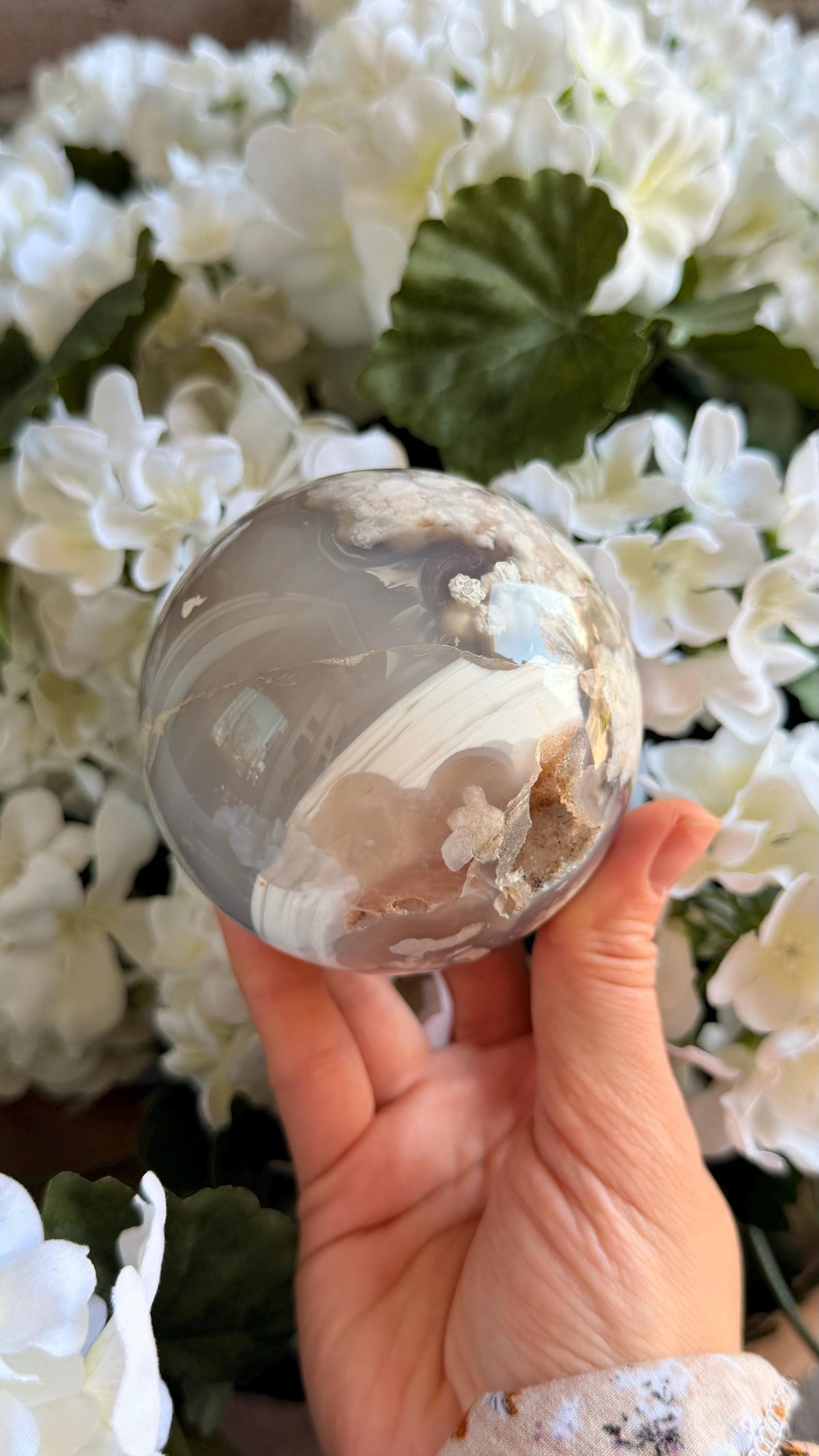 Flower Agate Sphere Crystal, Flowery Planet Drusy Pocket 79mm