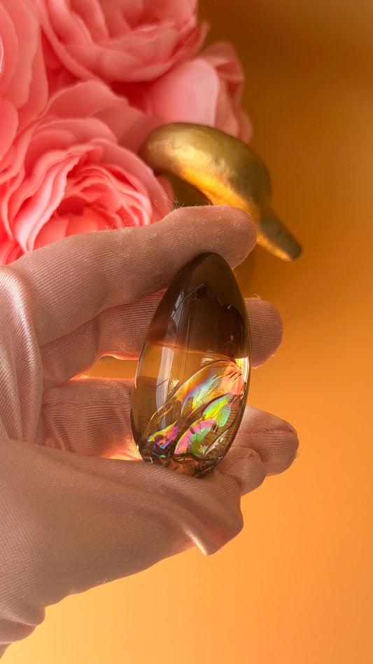 Rainbow Phantom Smokey Quartz Egg (57x29mm) – Multi-Layered Phantoms, Exceptional Clarity