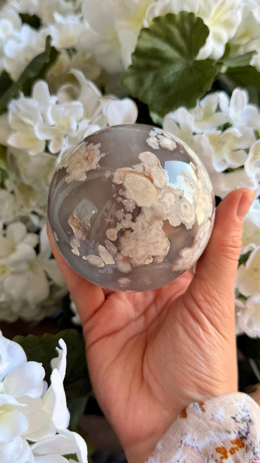 Flower Agate Sphere Crystal, Flowery Planet Drusy Pocket 79mm