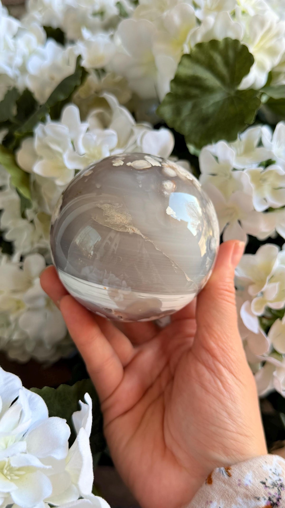 Flower Agate Sphere Crystal, Flowery Planet Drusy Pocket 79mm