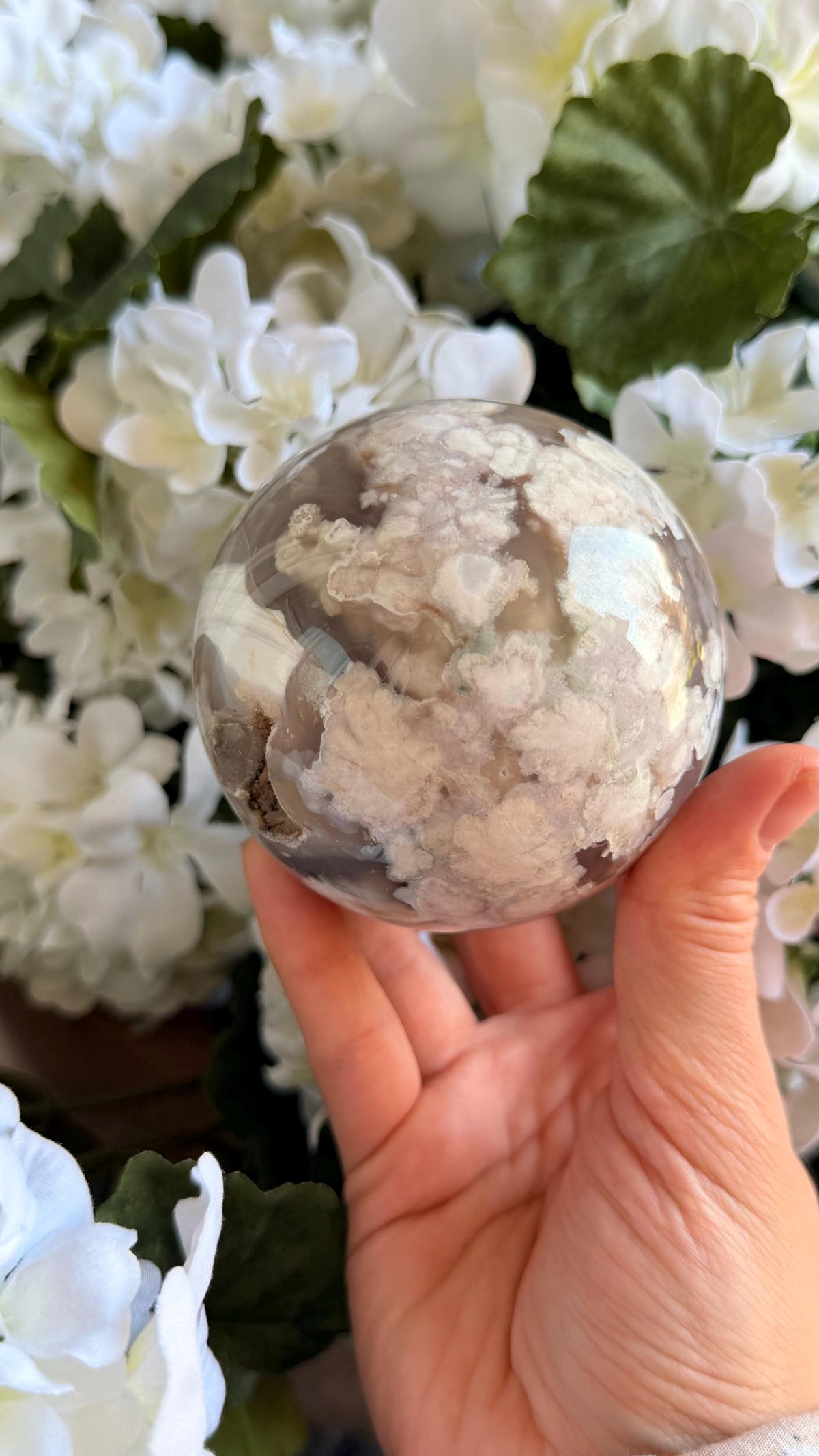 Flower Agate Sphere Crystal, Flowery Planet Drusy Pocket 79mm
